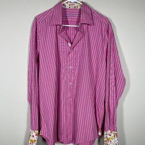 Robert Graham Men's Pink Black Stripe Button-up Shirt Floral Cuffs XL 44/17.5!